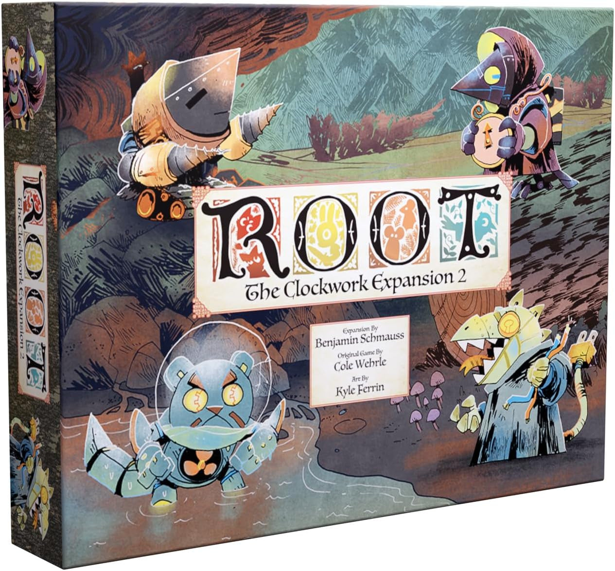 Root clockwork 2 Board game box for 'ROOT: The Clockwork Expansion 2' with colorful characters and text.