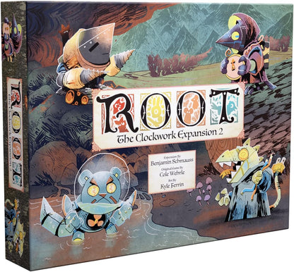 Root clockwork 2 Board game box for 'ROOT: The Clockwork Expansion 2' with colorful characters and text.
