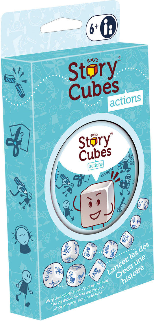 Story Cubes Actions game box with blue background and character illustration
