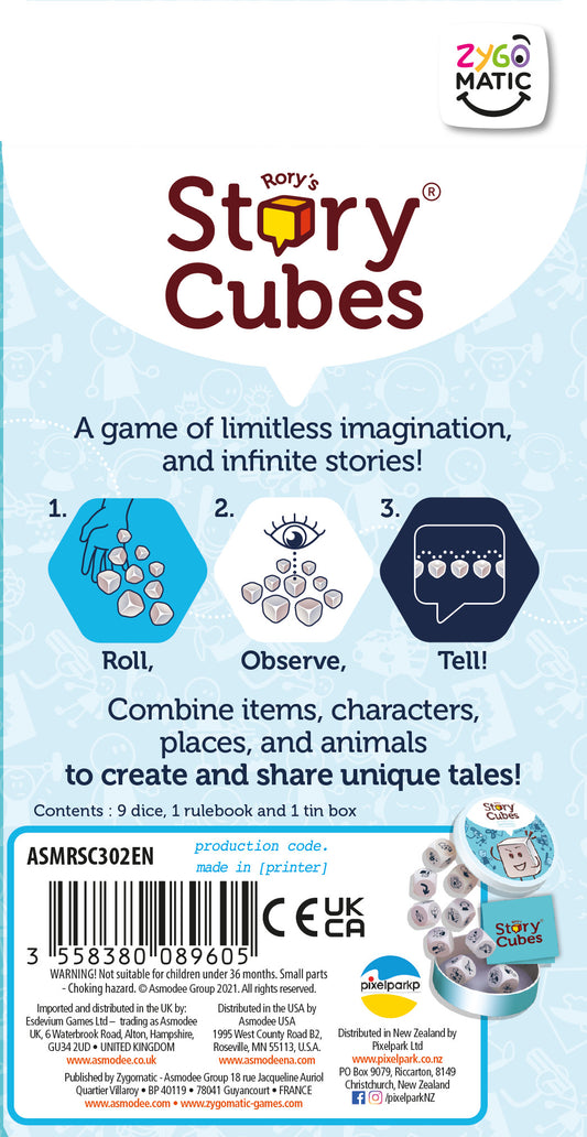 Story Cubes packaging with text and icons on a blue background