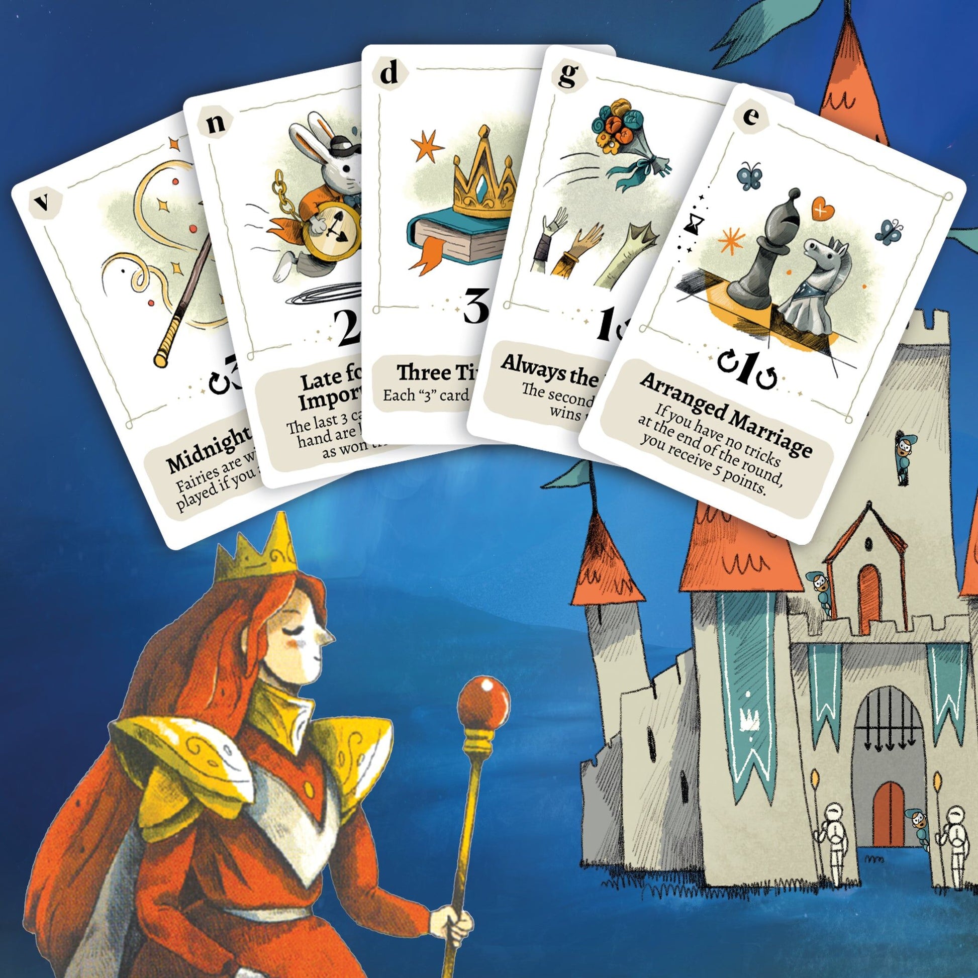 Rebel Princess Set of playing cards with fairy tale-themed artwork on a blue background with castle illustration.