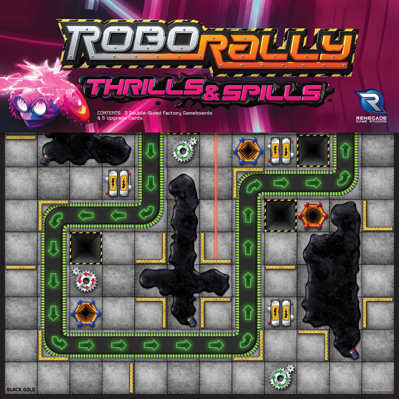 RoboRally game board with robot figures and game components on a colorful background