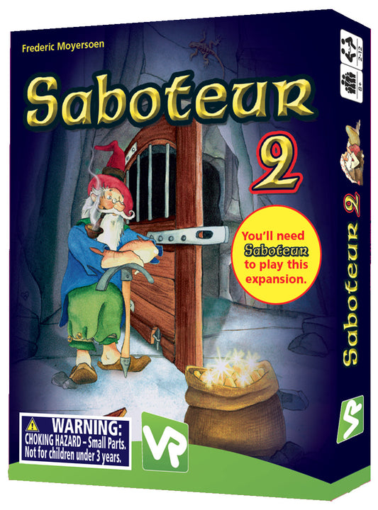 Box of Saboteur 2 game expansion with character illustration and text.