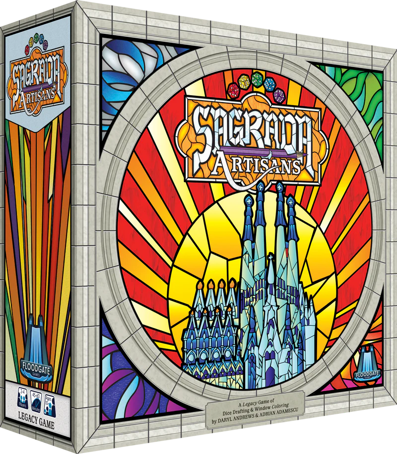 Board game box for 'Sagrada Artisans' with colorful stained glass design.