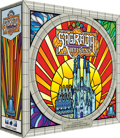 Board game box for 'Sagrada Artisans' with colorful stained glass design.