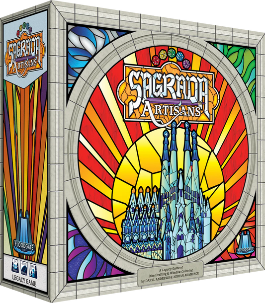 Board game box for 'Sagrada Artisans' with colorful stained glass design.