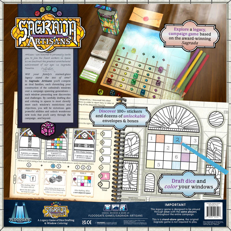 Board game packaging for 'Sagrada Artisans' with game components on a wooden surface.