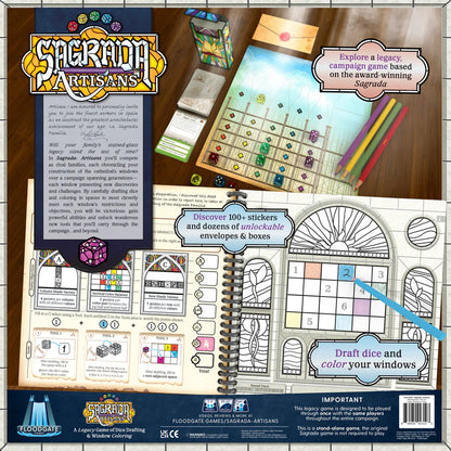 Board game packaging for 'Sagrada Artisans' with game components on a wooden surface.