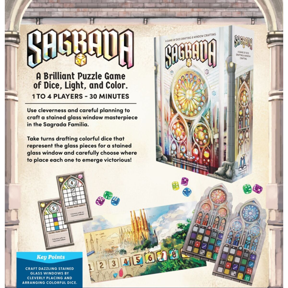 Sagrada board game packaging with colorful dice and game pieces on a decorative background