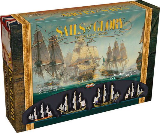 Board game box for 'Sails of Glory' featuring sailboats and game pieces.