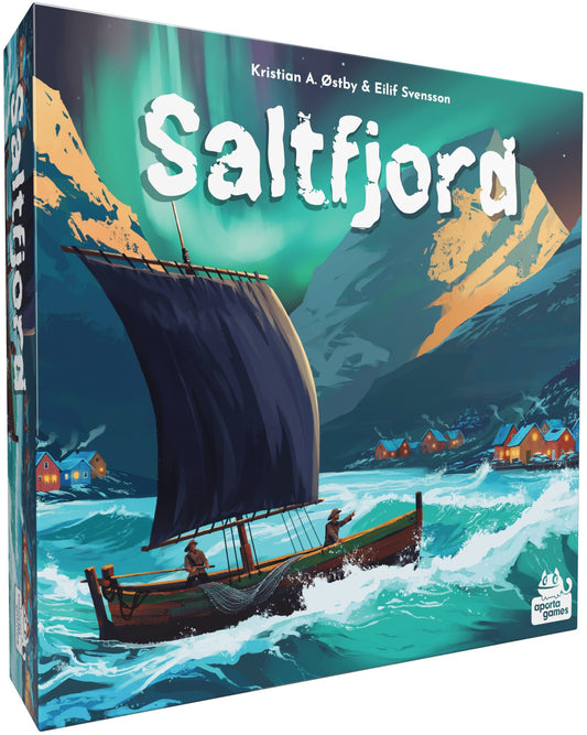 Board game box for 'Saltfjord' with a Viking ship and mountain landscape on the cover.