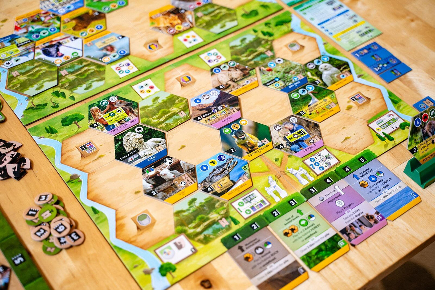 Sanctuary Board game with various cards and pieces on a wooden table