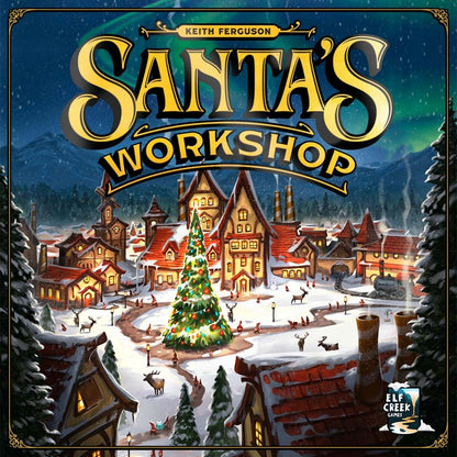 Board game cover of 'Santa's Workshop' with a festive village scene.