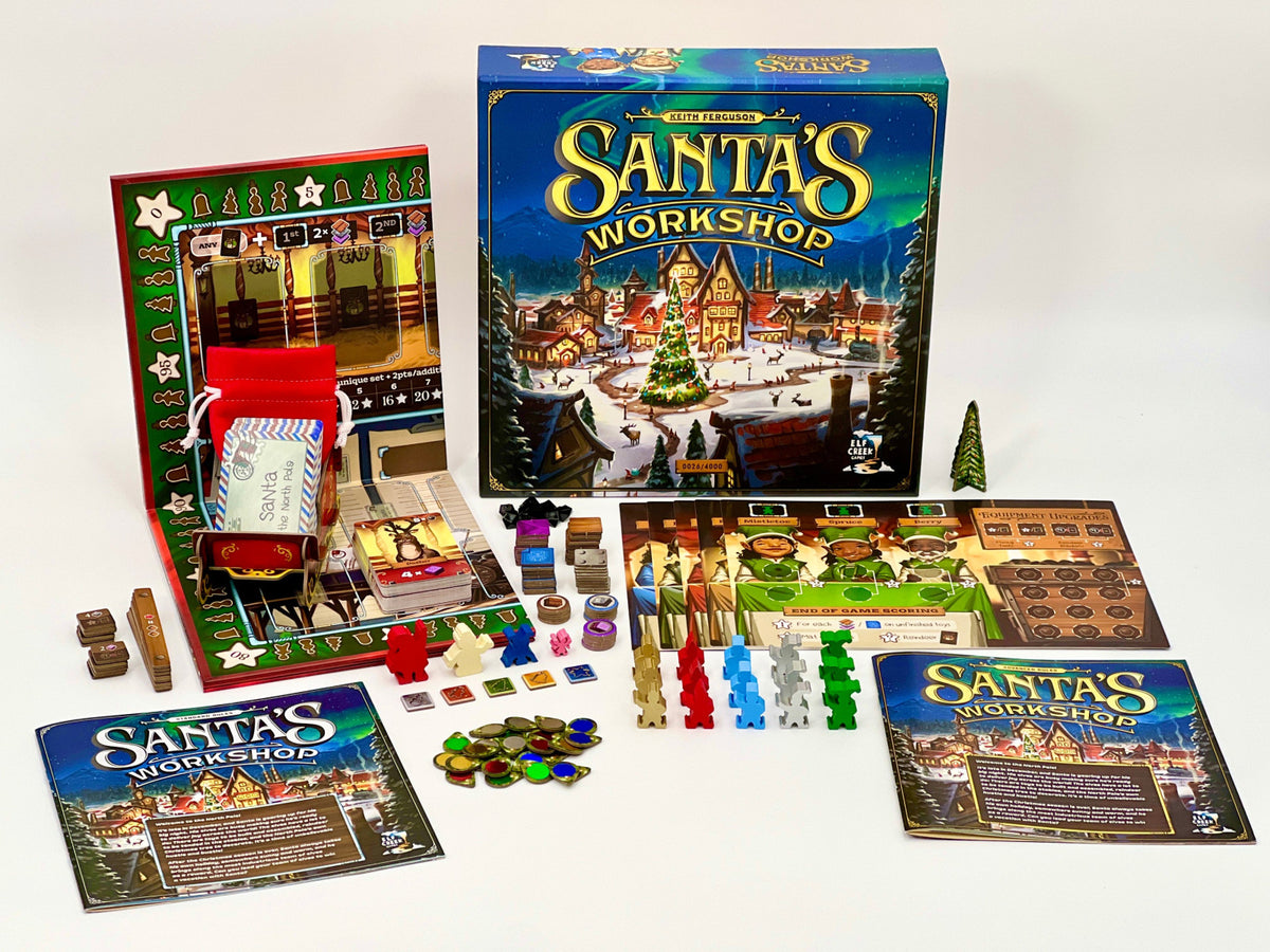 Board game set with 'Santa's Workshop' on a white background