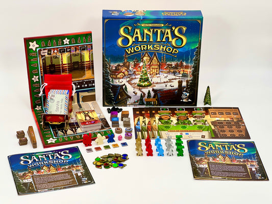 Board game set with 'Santa's Workshop' on a white background