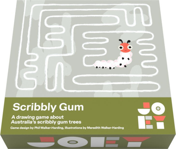 Box of 'Scribbly Gum' drawing game with a caterpillar illustration on a white background
