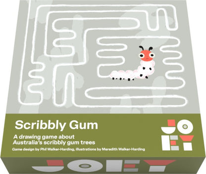 Box of 'Scribbly Gum' drawing game with a caterpillar illustration on a white background