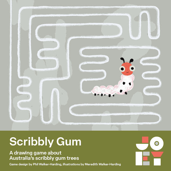 Cover of 'Scribbly Gum' game with a caterpillar maze on a gray background