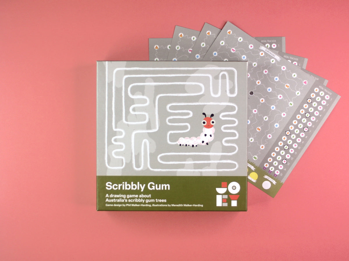 Board game box for 'Scribbly Gum' on a pink background