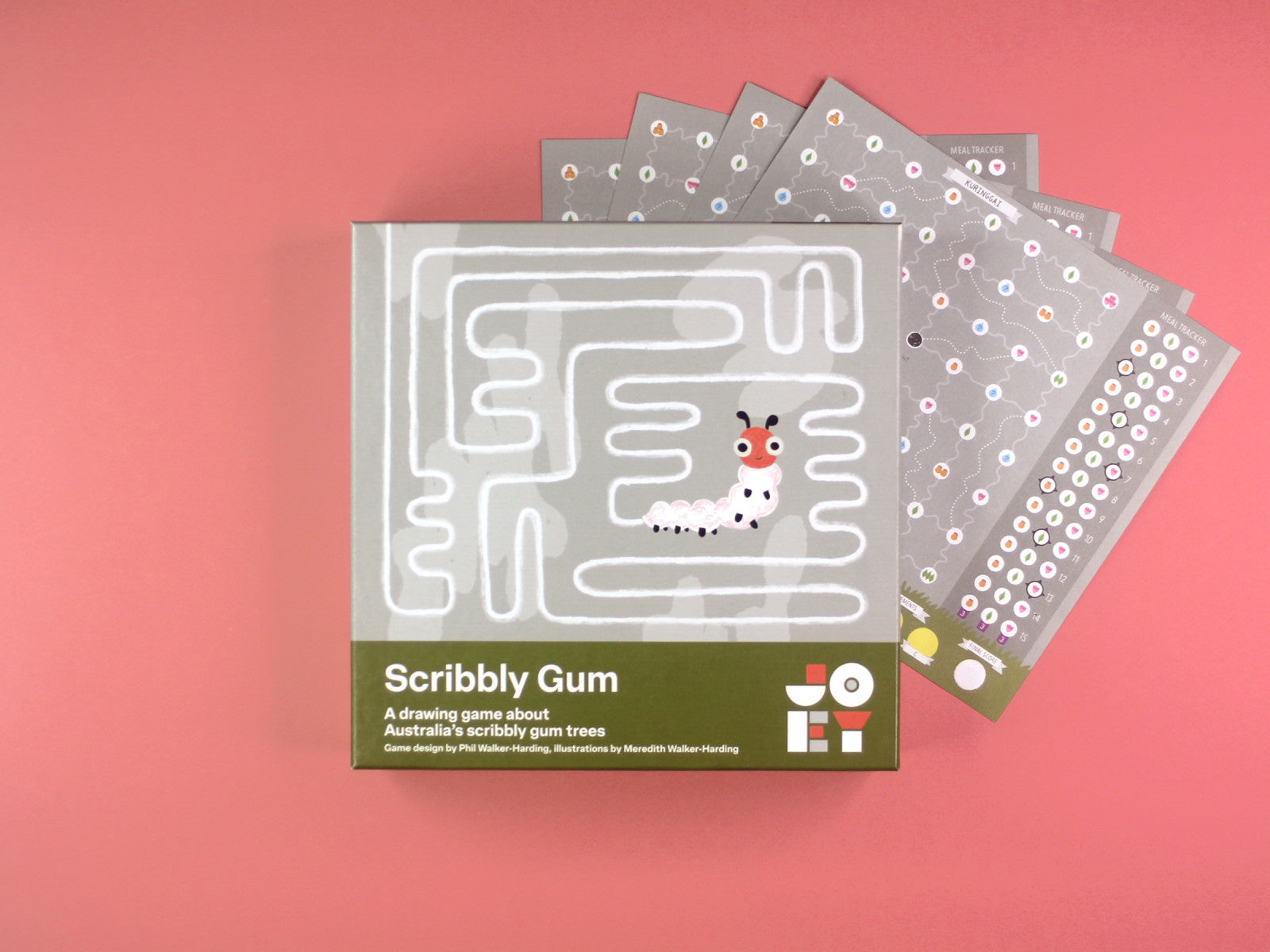 Board game box for 'Scribbly Gum' on a pink background