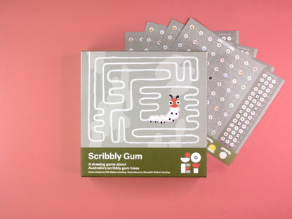 Board game box for 'Scribbly Gum' on a pink background