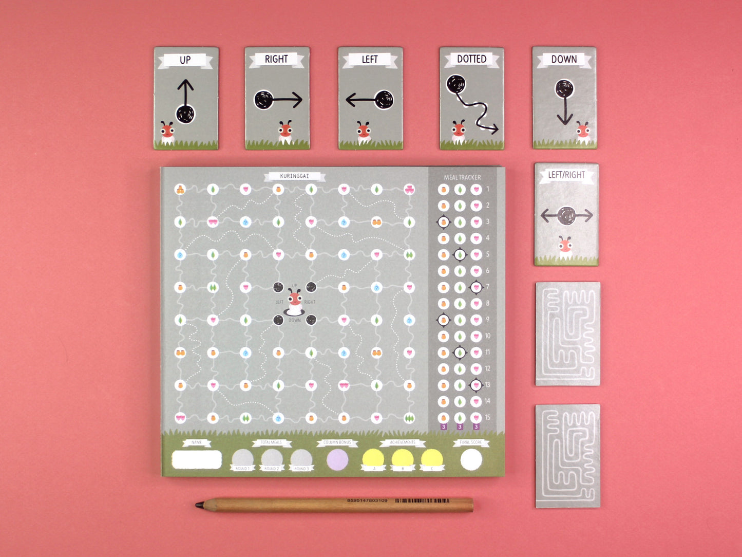 Set of educational flashcards with symbols and a pen on a pink background