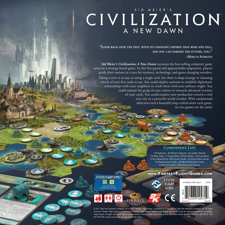 Back cover of 'Sid Meier's Civilization: A New Dawn' board game packaging with game setup illustration and text.