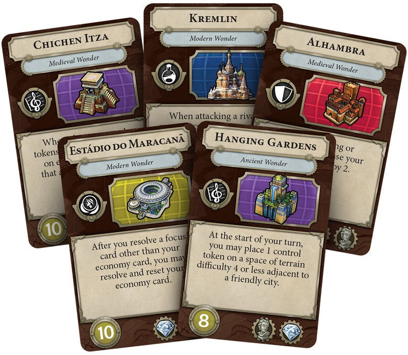 Civilization board game Collection of game cards featuring different wonders like Chichen Itza, Kremlin, Alhambra, Estádio do Maracáná, and Hanging Gardens.