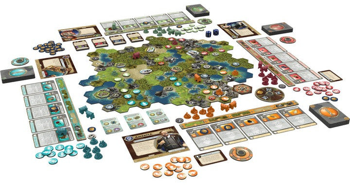 Board game set with various pieces and components on a white background