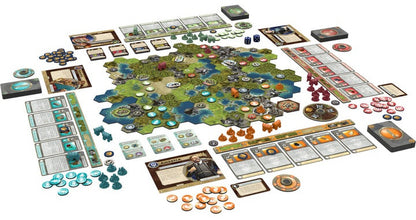 Board game set with various pieces and components on a white background