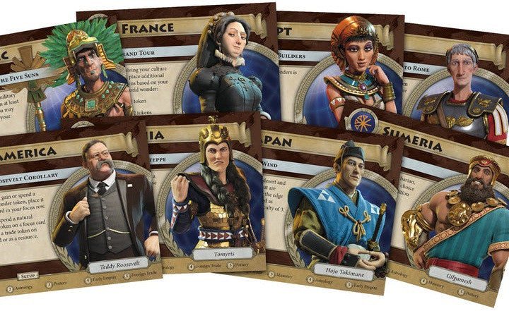 Civilization board game Collection of historical figure cards from different civilizations on a white background