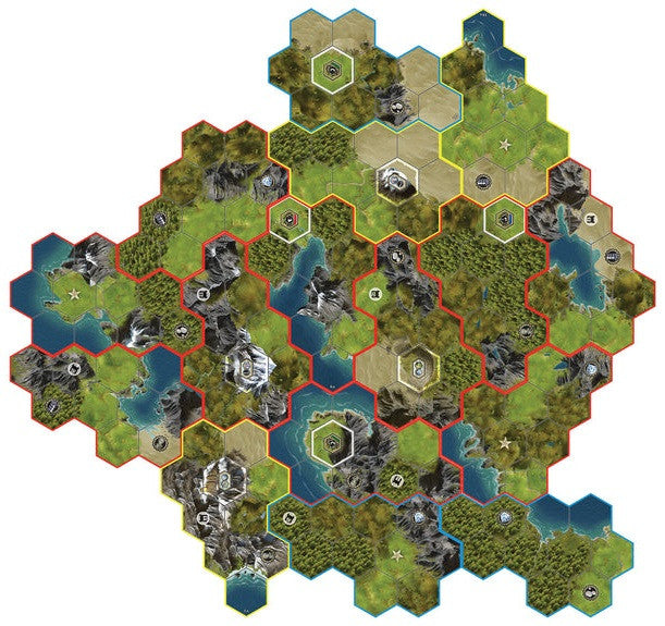Civilization board game Hexagonal grid map with various terrains on a white background