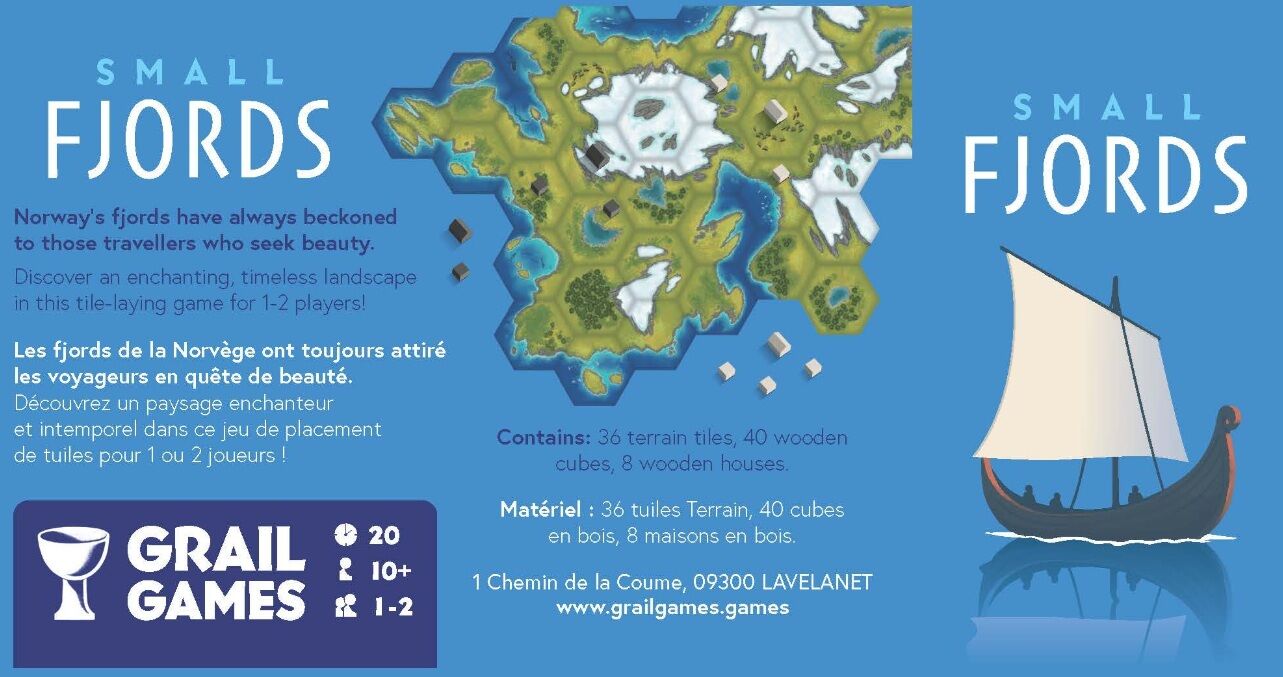 'Small Fjords' board game by Grail Games with a map and sailboat illustration.