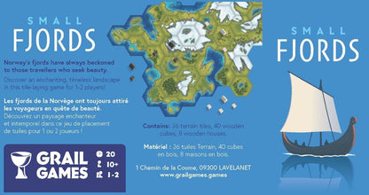 'Small Fjords' board game by Grail Games with a map and sailboat illustration.