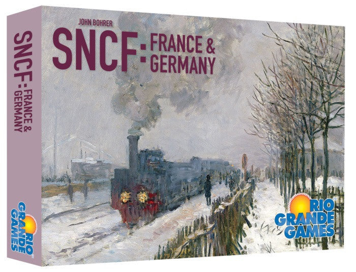 Board game box for 'SNCF: France & Germany' by Rio Grande Games with a train painting on the cover.