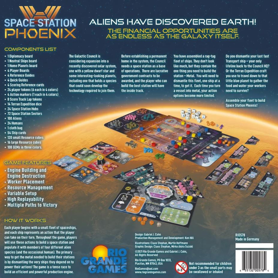 Back cover of Space Station Phoenix board game packaging with game components and Rio Grande Games branding.