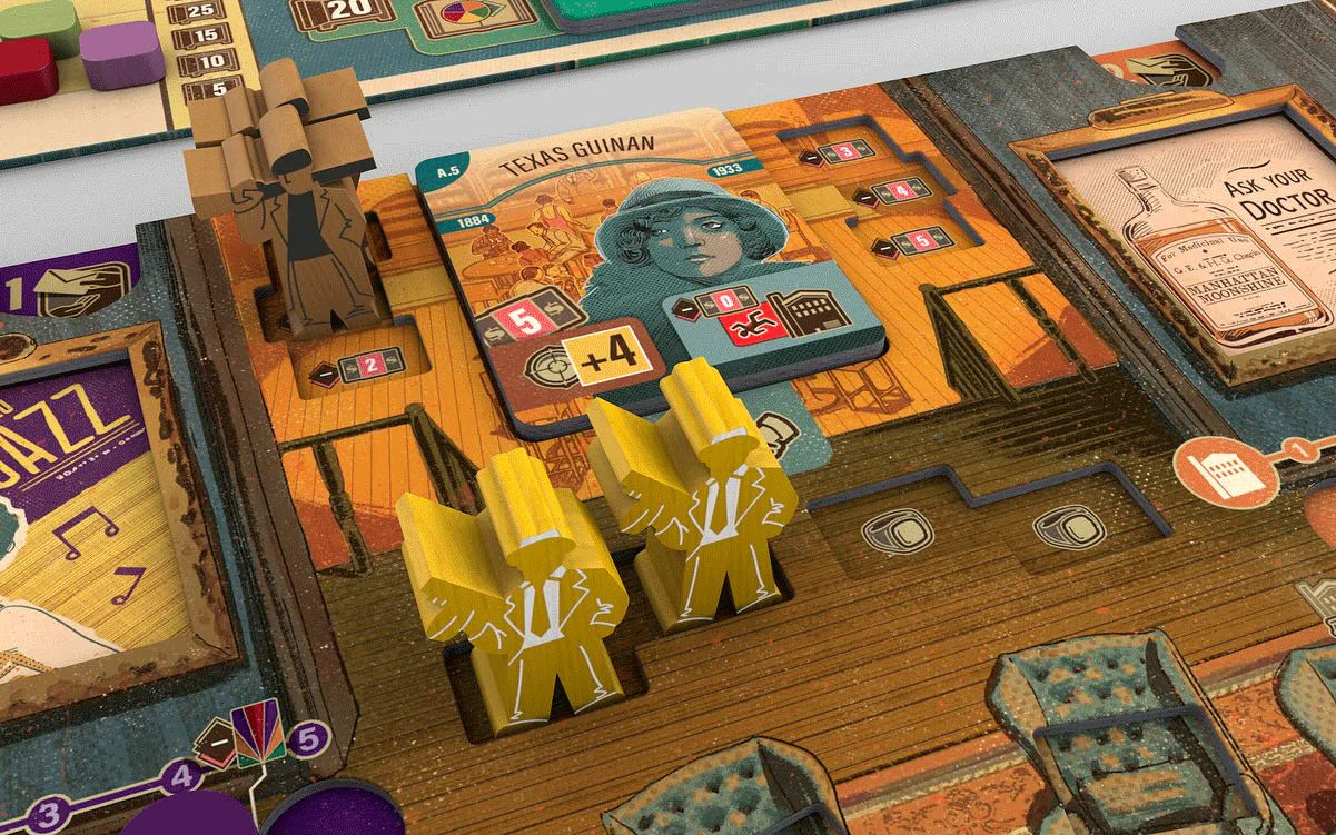 Speakeasy Board game setup with character pieces and cards on a wooden table