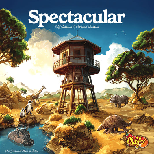 Board game box for 'Spectacular' with a watchtower and animals in a savanna setting, featuring the Chilf fox logo.