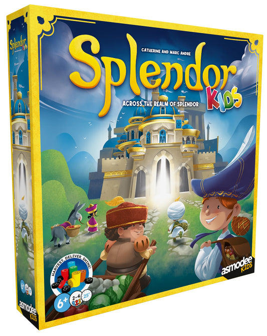 Board game box for 'Splendor Kids' by Asmodee, featuring colorful graphics and text.