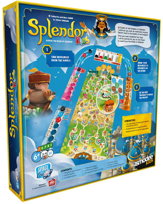 Board game box for 'Splendor Kids' with illustrations and text on a blue background