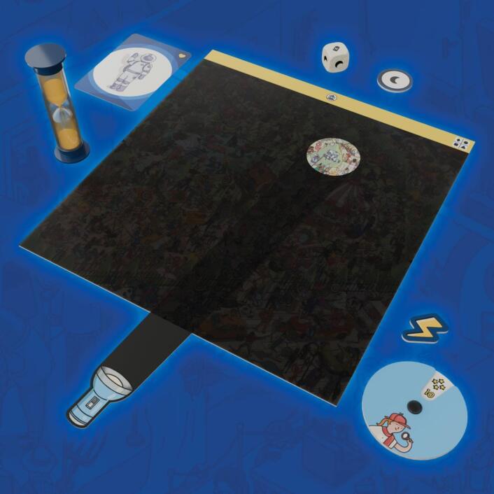Black playmat with gaming components on a blue background
