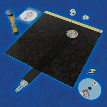 Black playmat with gaming components on a blue background