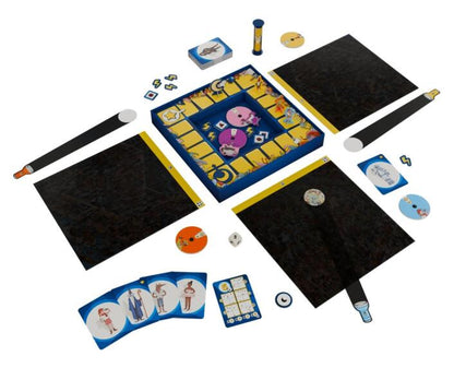 Collection of board game components including a board, cards, and pieces on a white background