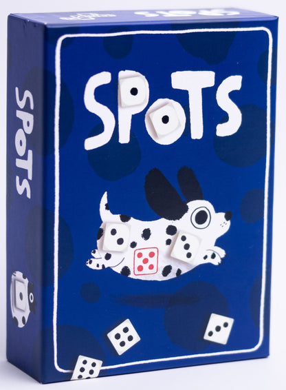 Card game box with 'SPOTS' branding and a dalmatian dog illustration on a blue background.