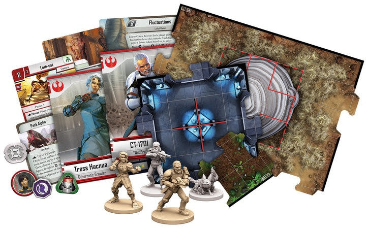 Board game components including cards, figures, and a map on a white background