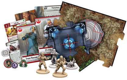 Board game components including cards, figures, and a map on a white background