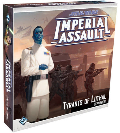 Star Wars Imperial Assault: Tyrants of Lothal board game box shown at a slight angle, featuring artwork of a blue-skinned officer in a white uniform and Imperial soldiers against a warm brown sci-fi city background.