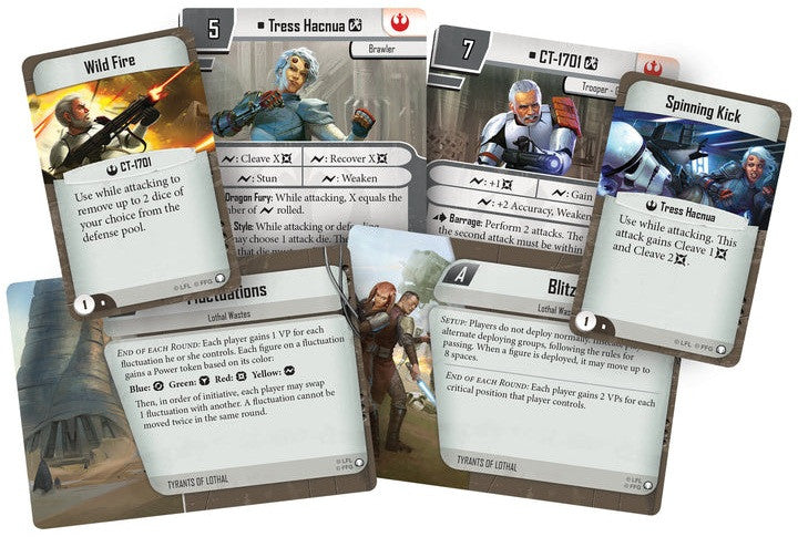 Collection of Tyrants of Lothal expansion cards featuring characters and game mechanics
