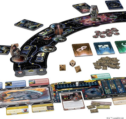 Board game with various components including cards, dice, and a board layout.