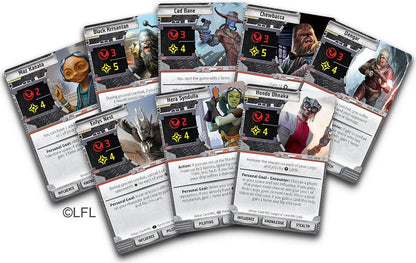 Collection of trading cards featuring various characters and statistics on a white background for star wars unfinished business.
